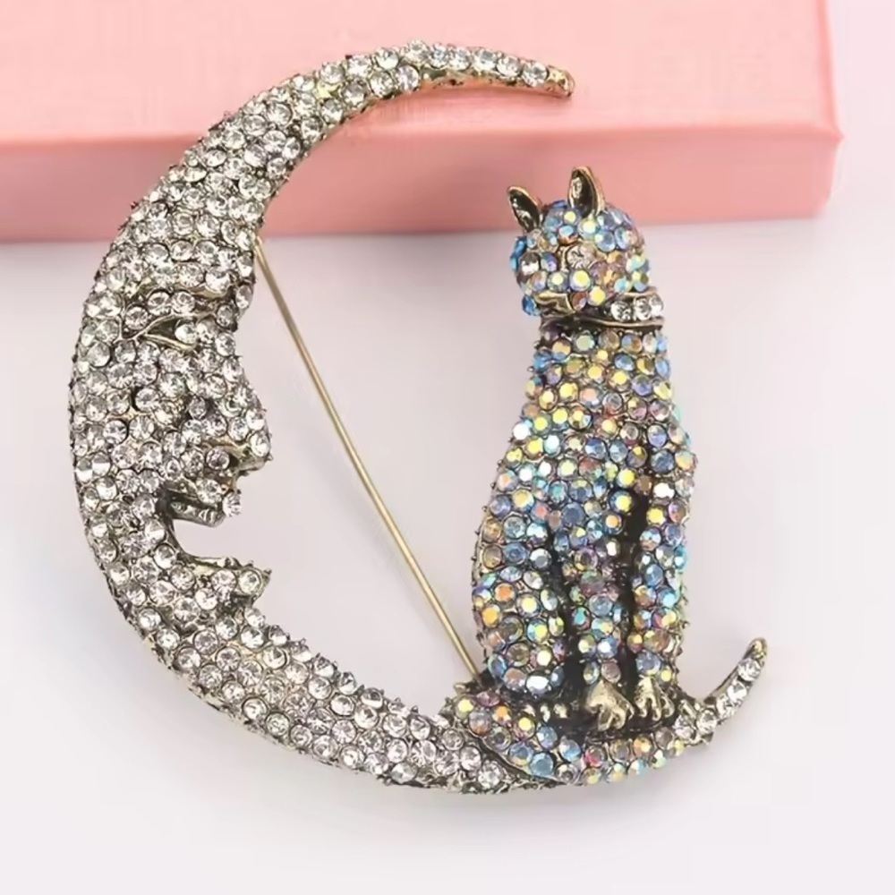 Celestial Cat Moon Crystal Brooch